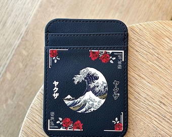 Japanese Wave Leather Card Holder – Slim Wallet with Red Roses and Ukiyo-e Inspired Design, Elegant Black Card Case, Stylish Gift for Men