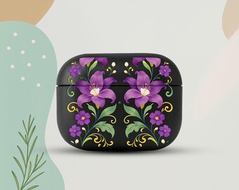 Purple Floral AirPods 4 Eco Leather Case, Elegant Flower AirPods Cover, Botanical AirPods Case