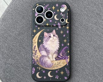 Whimsigoth Cat iPhone 18 Pro Max Case, Lilac Witch Kitty Moon Cover for iPhone 17 Pro Max 16 15 MagSafe, Samsung S26 S25 Ultra Pixel 10 Pro