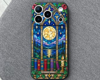 Library Window Stained Glass iPhone 18 Pro Max Case, Moon Book Cover for iPhone 17 Pro Max 16 15 MagSafe, Samsung S26 S25 Ultra Pixel 10 Pro