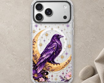 Purple Raven iPhone 18 Pro Max Case, Witchy Crow Moon Cover for iPhone 17 Pro Max 16 15 MagSafe, Samsung S26 S25 Ultra Pixel 10 Pro