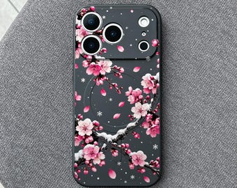 Winter Sakura iPhone 18 Pro Max Case, Cherry Blossom Cover for iPhone 17 Pro Max 16 15 MagSafe, Samsung S26 S25 Ultra Pixel 10 Pro