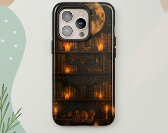 ダークアカデミア風iPhoneケース、ゴシック調の本棚デザイン、MagSafe対応スマホカバー