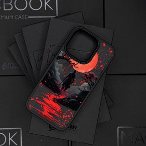 Coque pour iPhone 16 Pro Max Samurai Moon, coque de téléphone Art Lune rouge pour iPhone 15 avec MagSafe, coque personnalisée Samouraï noir