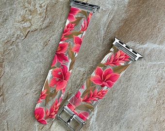 Pink Hibiscus Apple Watch Series 11 Band 40 41 42mm, Tropical Floral iWatch Strap 44 45 46 49mm, Hawaiian Flower Band