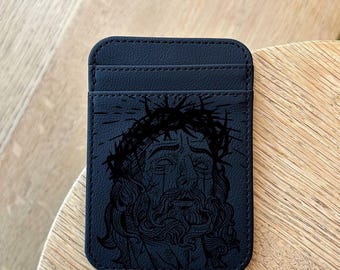 Jesus Leather Card Holder – Slim Wallet with Jesus Crown of Thorns Art, Minimalist Black Leather Card Case, Christian Gift for Men