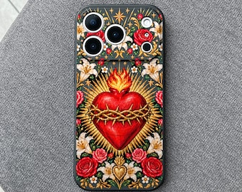 Sacred Heart iPhone 18 Pro Max Case, Catholic Roses Art Cover for iPhone 17 Pro Max 16 15 MagSafe, Samsung S26 S25 Ultra Pixel 10 Pro