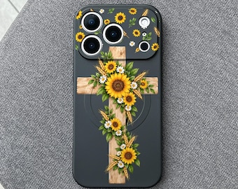 Sunflower Cross iPhone 18 Pro Max Case, Christian Faith Floral Cover for iPhone 17 Pro Max 16 15 MagSafe, Samsung S26 S25 Ultra Pixel 10 Pro