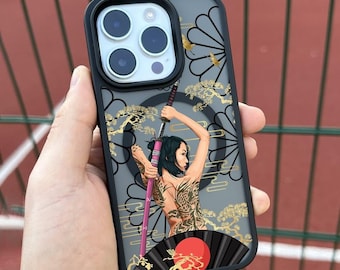 Samurai Tattoo Girl iPhone 17 Pro Max-hoesje, Katana Art-telefoonhoes voor iPhone 16 met MagSafe, custom Warrior-hoesje Samsung S24 FE S25 Pixel