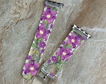 Purple Floral Apple Watch Series 11 Band 40 41 42mm, Lily iWatch Strap 44 45 46 49mm, Botanical Watch Band
