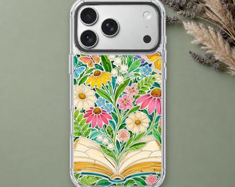 Stained Glass Open Book iPhone 18 Pro Max Case, Wildflower Art Cover for iPhone 17 Pro Max 16 15 MagSafe, Samsung S26 S25 Ultra Pixel 10 Pro