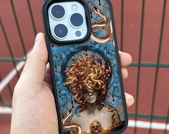 Medusa Snake iPhone Case, Mythology MagSafe Phone Cover for iPhone 17 16 15 Pro Max, Gothic Gorgon Design Samsung S25 FE S26 Ultra Pixel