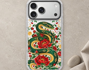 Snake iPhone 18 Pro Max Case, Serpent Floral Art Cover for iPhone 17 Pro Max 16 15 MagSafe, Samsung S26 S25 Ultra Pixel 10 Pro