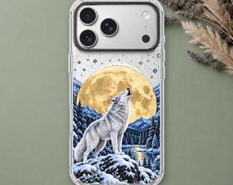 Wolf iPhone 18 Pro Max Case, Howling Full Moon Winter Mountain Cover for iPhone 17 Pro Max 16 15 MagSafe, Samsung S26 S25 Ultra Pixel 10 Pro