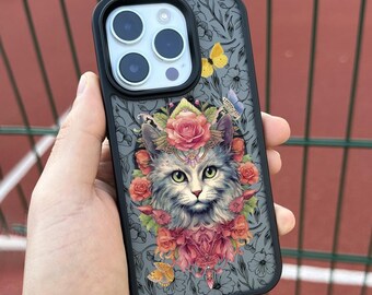 Floral Cat iPhone 17 Pro Max Case, Cute Kitten Flower Art Cover for iPhone 16 with MagSafe Samsung S25 FE S26 Ultra