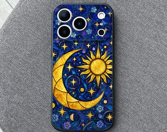 Celestial Stained Glass iPhone 18 Pro Max Case, Moon Sun Art Cover for iPhone 17 Pro Max 16 15 MagSafe, Samsung S26 S25 Ultra Pixel 10 Pro