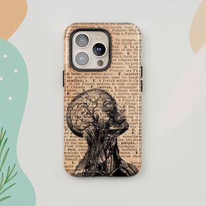 May include: A phone case featuring a vintage anatomical illustration of a human head and neck, overlaid on a background of aged book pages. The design is in black and white with sepia tones, creating a classic, scholarly aesthetic.