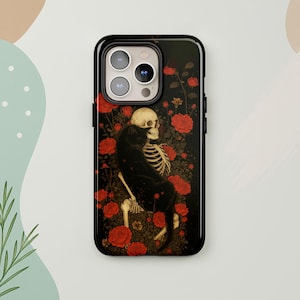 Skeleton Cat iPhone Case, Gothic MagSafe Phone Cover for iPhone 17 16 15 Pro Max, Dark Rose Design Samsung S24 FE S25 Ultra
