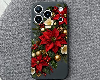 Poinsettia iPhone 18 Pro Max Case, Dark Christmas Floral Cover for iPhone 17 Pro Max 16 15 MagSafe, Samsung S26 S25 Ultra Pixel 10 Pro