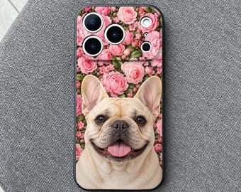 French Bulldog iPhone 18 Pro Max Case, Frenchie Dog Rose Cover for iPhone 17 Pro Max 16 15 MagSafe, Samsung S26 S25 Ultra Pixel 10 Pro