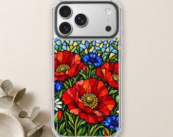 Red Poppy iPhone 18 Pro Max Case, Stained Glass Wildflower Cover for iPhone 17 Pro Max 16 15 MagSafe, Samsung S26 S25 Ultra Pixel 10 Pro