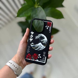日本の波模様のiPhone 17 Pro Maxケース、MagSafe対応iPhone 16用和風アートスマホカバー、海の波模様タトゥーデザインケース