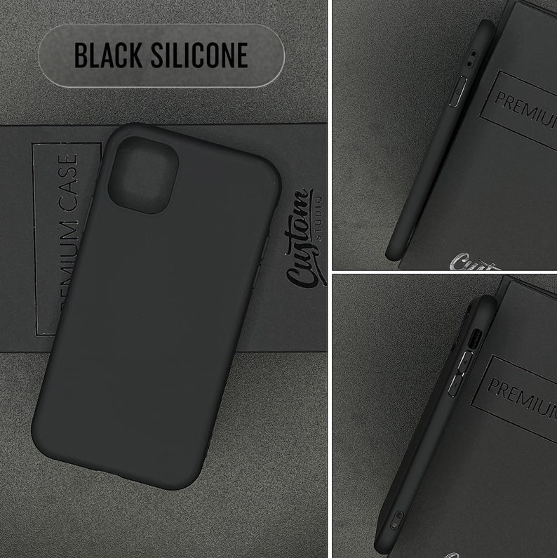 May include: Black silicone phone case with the text "PREMIUM CASE" and "Custom Studio" printed on the case.