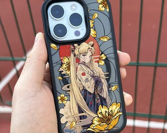 Moonlight Kimono Girl iPhone 17 Pro Max Case, Japanese Art Phone Cover for iPhone 16 with MagSafe, Artistic Anime Custom Case