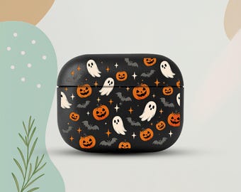 Ghost Pumpkin AirPods 5 Eco Leather Case, Halloween Bat AirPods Cover, Spooky Black AirPods Case