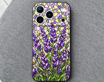Lavender Stained Glass iPhone 18 Pro Max Case, Purple Floral Cover for iPhone 17 Pro Max 16 15 MagSafe, Samsung S26 S25 Ultra Pixel 10 Pro