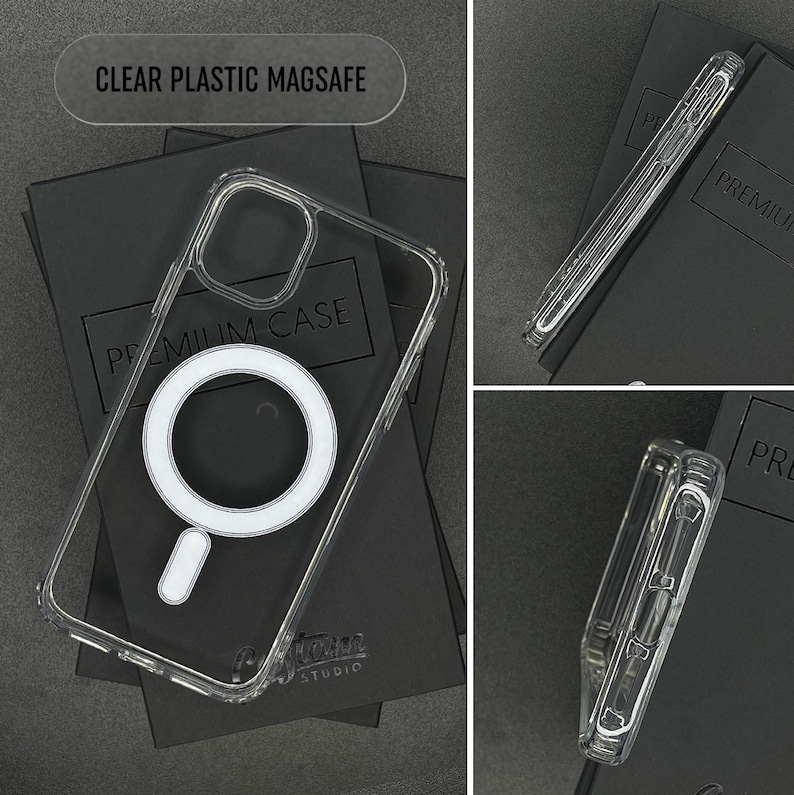 May include: Clear plastic phone case with a built-in magnetic ring for use with MagSafe accessories. The case is designed for a smartphone and has the words "Premium Case" printed on it.