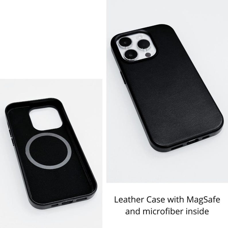 May include: Black leather phone case with a built-in MagSafe ring. The case has a microfiber lining.