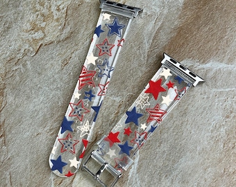 Patriotic Stars Apple Watch Series 11 Band 40 41 42mm, Red White Blue iWatch Strap 44 45 46 49mm, USA Star Band