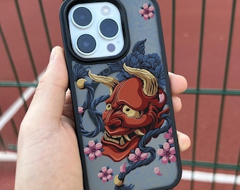 Demon Mask Floral iPhone 17 Pro Max Case, Oni Art Phone Cover for iPhone 16 with MagSafe, Japanese Hannya Custom Case