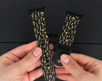 Black Floral Apple Watch Series 11 Band 40 41 42mm, Wildflower iWatch Strap 44 45 46 49mm, Botanical Watch Band