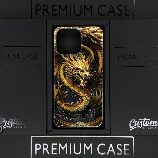 Gold Asian Dragon phone Case iPhone 15 Pro Max MagSafe Compatible, iPhone 15 Plus Leather Case with Dragon