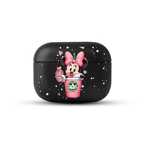 Leuke AirPods Pro Eco-lederen hoes met strikmuis, roze esthetische gepersonaliseerde AirPods-hoes, cartoon AirPods-hoesje koffiekunst