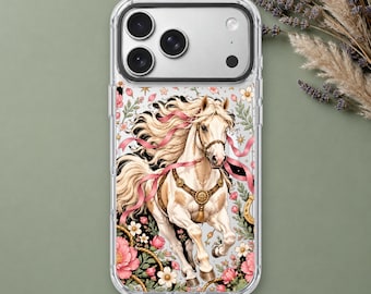 Horse iPhone 18 Pro Max Case, White Stallion Floral Equestrian Cover for iPhone 17 Pro Max 16 15 MagSafe, Samsung S26 S25 Ultra Pixel 10 Pro