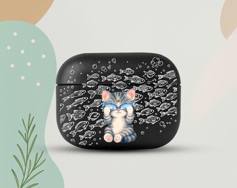 Funny Cat AirPods 4 Eco Leather Case, Fish Lover AirPods Cover, Cute Kitten AirPods Case