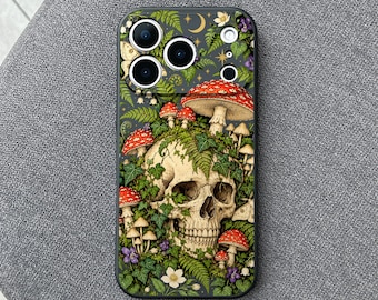 Mushroom Skull iPhone 18 Pro Max Case, Dark Forest Gothic Fern Cover for iPhone 17 Pro Max 16 15 MagSafe, Samsung S26 S25 Ultra Pixel 10 Pro