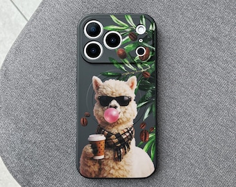 Cute Alpaca iPhone 17 Pro Max Case, Funny Llama Coffee Phone Cover for iPhone 16 with MagSafe, Aesthetic Animal Samsung S25 S26