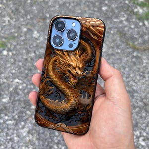 Coque de portable dorée avec dragon asiatique compatible MagSafe pour iPhone 16 Pro Max, coque en cuir pour iPhone 15+ avec dragon