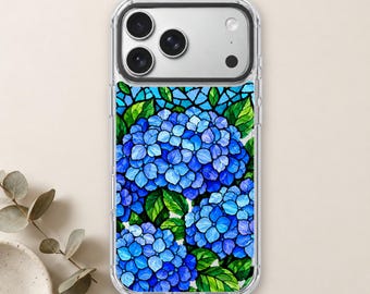 Blue Hydrangea iPhone 18 Pro Max Case, Stained Glass Floral Cover for iPhone 17 Pro Max 16 15 MagSafe, Samsung S26 S25 Ultra Pixel 10 Pro