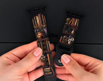Vintage Bookshelf Apple Watch Series 11 Band 40 41 42mm, Dark Academia iWatch Strap 44 45 49mm, Library Aesthetic Watch Band