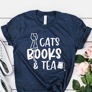 Cats , Books And Tea Unisex Crewneck Graphic Tshirt, Cats And Books Lover Unisex V-neck Tshirt, Librarian Tea Lover Unisex Sweatshirt