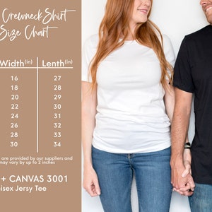 May include: Unisex crewneck t-shirt size chart with measurements in inches. The chart shows the width and length of the shirt in inches for sizes XS to 4XL.
