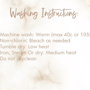 May include: Washing instructions for a garment: Machine wash warm (max 40&deg;C or 105&deg;F), bleach as needed, tumble dry low heat, iron medium heat, do not dry clean.