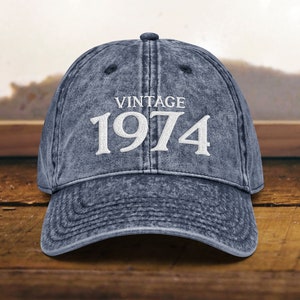 50th Birthday Vintage Embroidered hat Dad Hat Born In 1974 Vintage Cotton Twill Cap 50th Birthday Gift Navy Denim