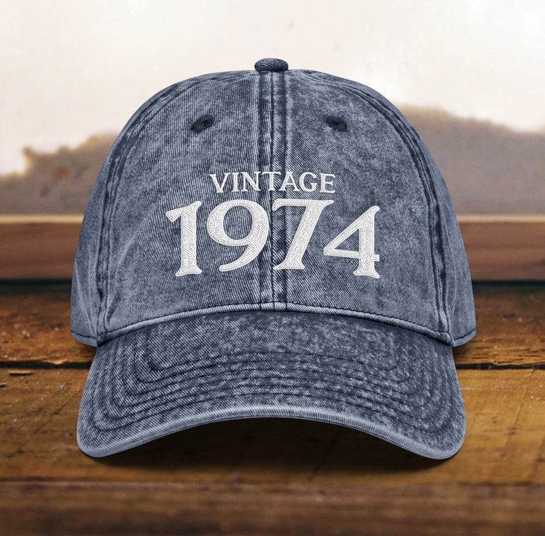 50th Birthday Vintage Embroidered hat Dad Hat Born In 1974 Vintage Cotton Twill Cap 50th Birthday Gift Navy Denim
