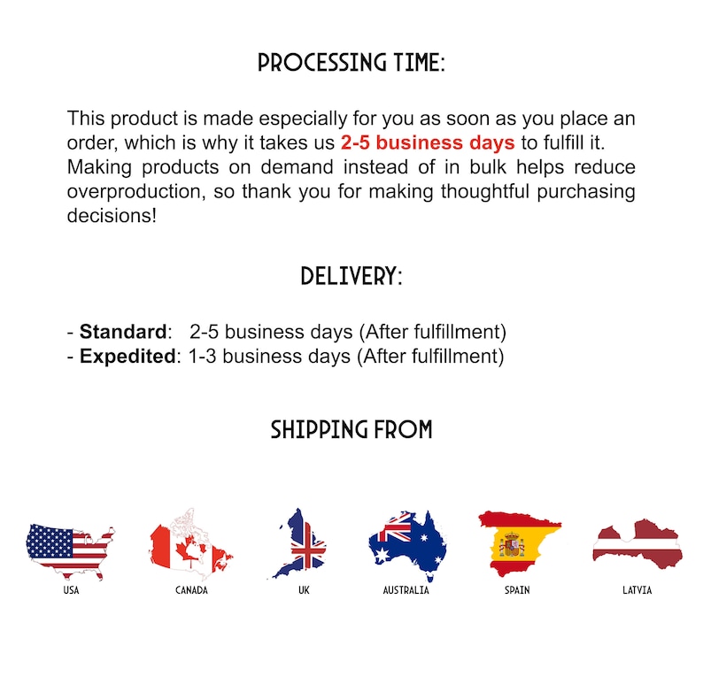 May include: Image showing processing time and delivery information for an online store. The text states that the product is made to order and takes 2-5 business days to fulfill. Standard delivery takes 2-5 business days and expedited delivery takes 1-3 business days. The image also shows flags representing the countries the store ships from: USA, Canada, UK, Australia, Spain, and Latvia.
